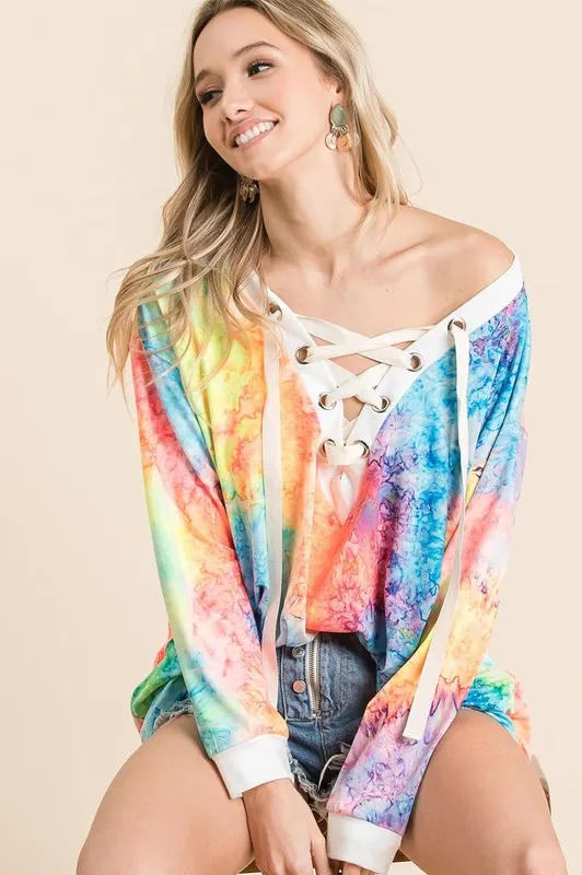 BiBi Tie Dye Deep V-neck Top With Lace Up Front - Image 4