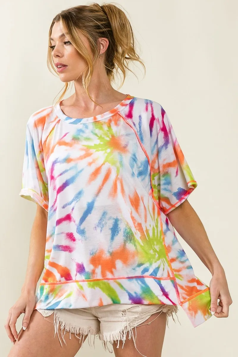 BiBi Tie Dye Print Jersey Stitched Uneven Hem Top - Image 3