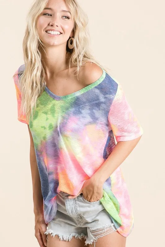 BiBi Tie Dye Print Low Gauge Deep U Neck Top - Image 3