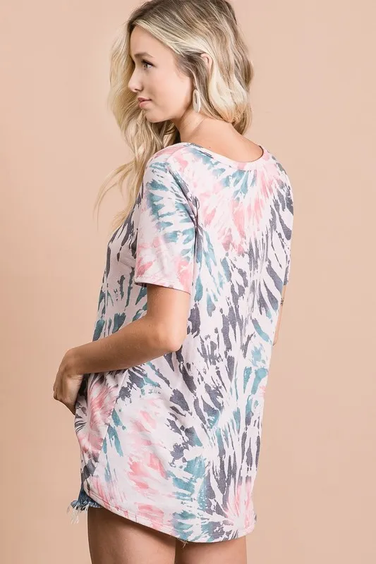 BiBi Tie Dye Print Terry Deep U Neck Top - Image 11
