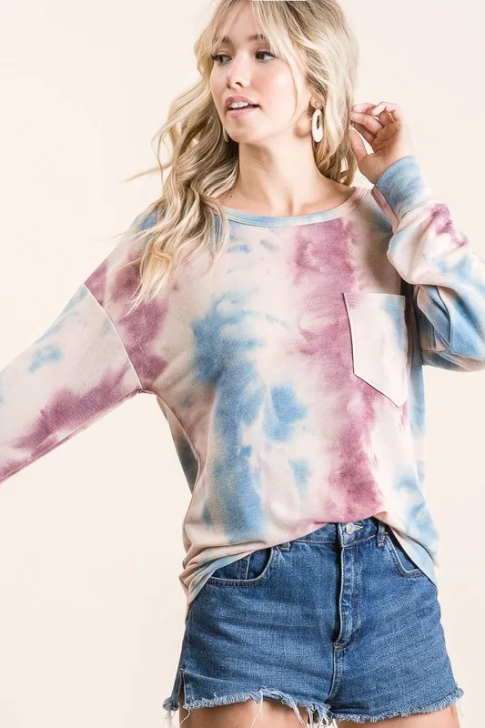 BiBi Tie Dye Print Terry Top With Front Patch Pocket - Image 4