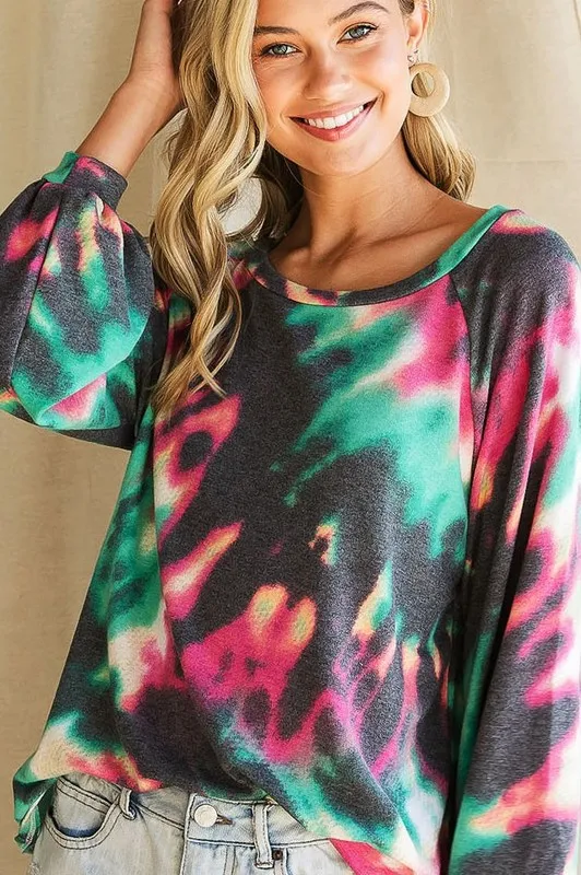 BiBi Tie Dye Print Terry Top with Puff Sleeves - Image 3