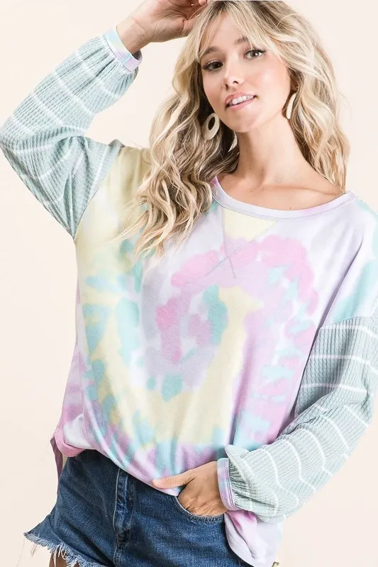 BiBi Tie Dye Terry Top with Wide Stripe Thermal Waffle - Image 2