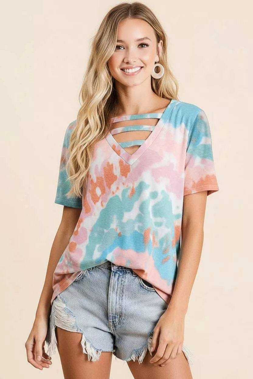 BiBi Tie-Dye V-Neck Cutout Short Sleeve T-Shirt - Image 2