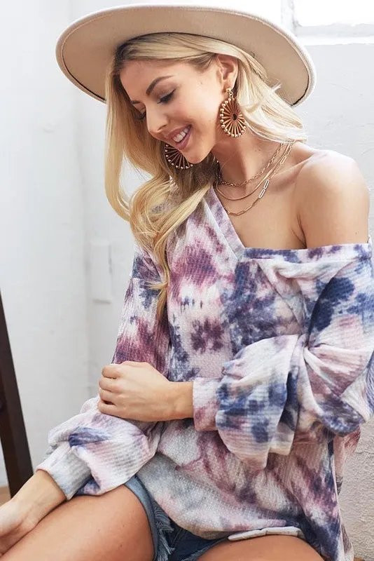 BiBi Tie-Dye V-Neck Long Sleeve Waffle Top - Image 3