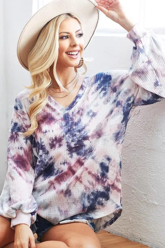 BiBi Tie-Dye V-Neck Long Sleeve Waffle Top - Image 4