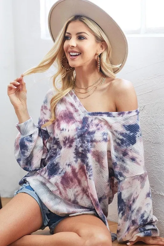 BiBi Tie-Dye V-Neck Long Sleeve Waffle Top - Image 5