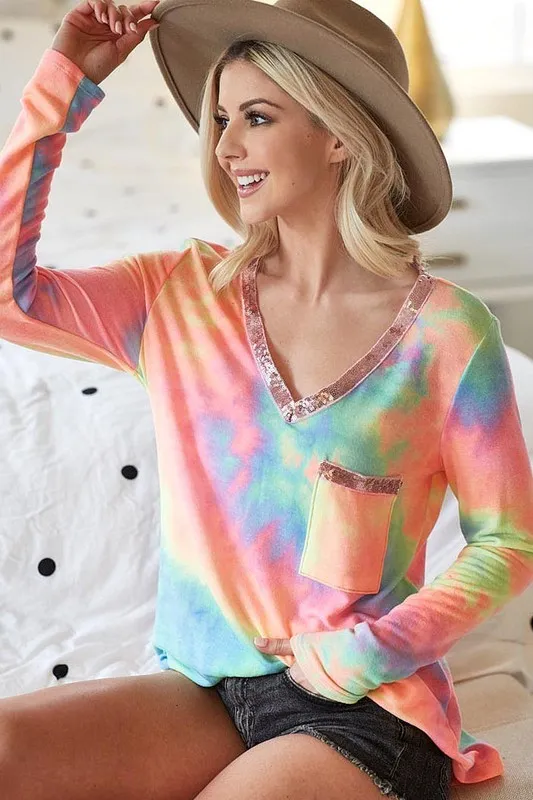 BiBi Tie Dye V-neck Terry Knit Top With Sequins - Image 5