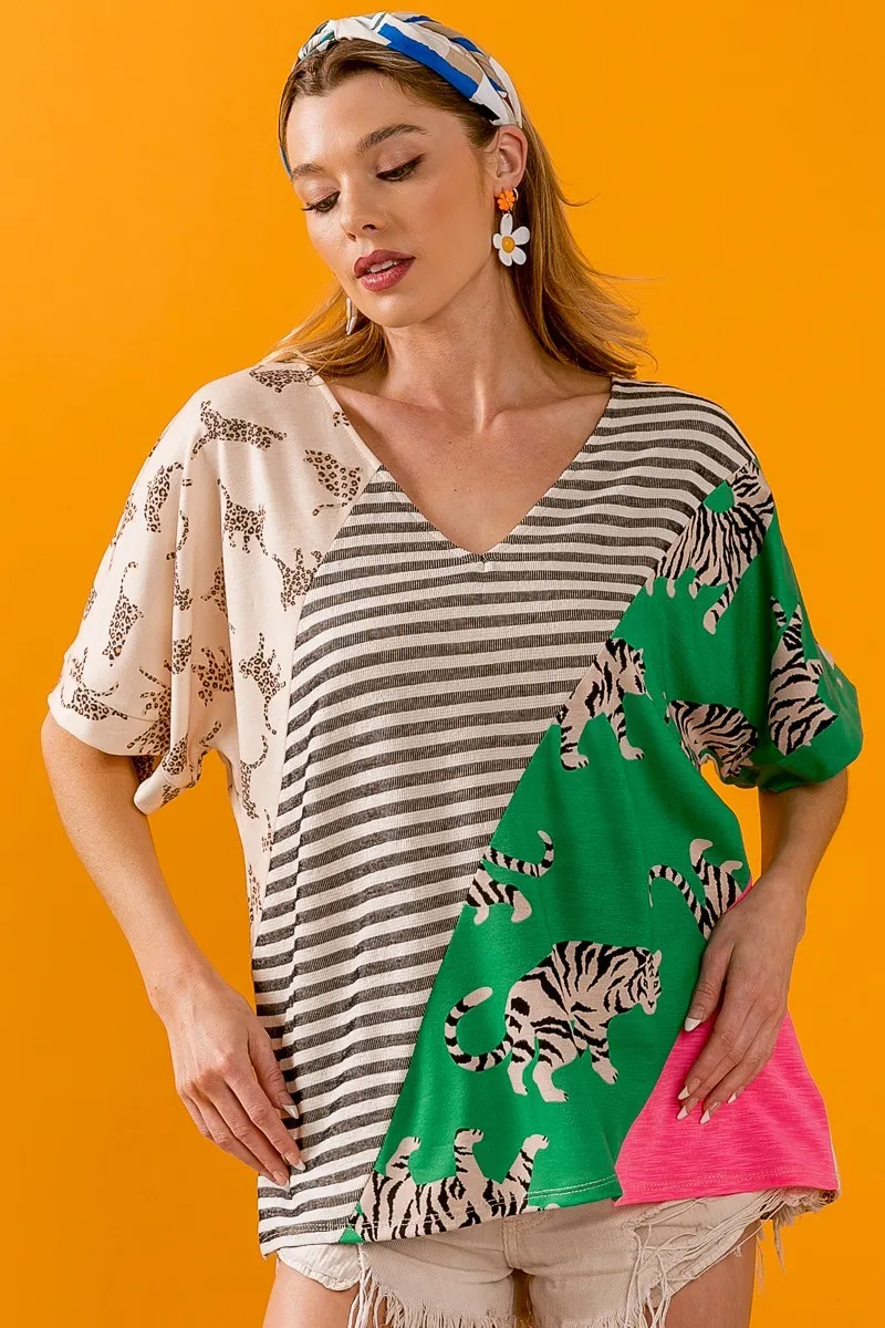BiBi Tiger W Stripe Contrast Color Block V Neck Top - Image 2