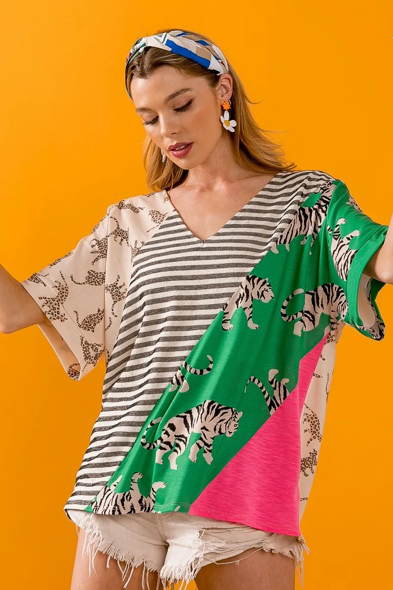 BiBi Tiger W Stripe Contrast Color Block V Neck Top - Image 6