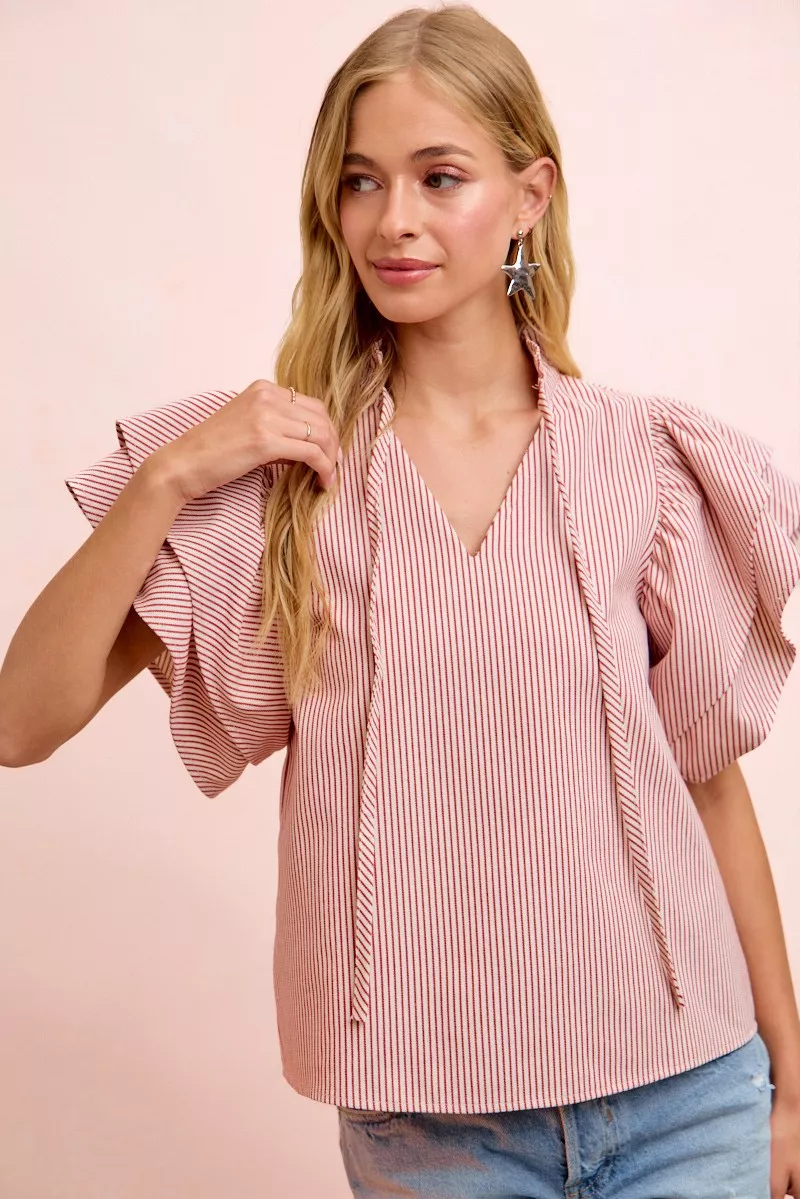 BiBi Twill Striped Ruffle Sleeve Blouse - Image 2