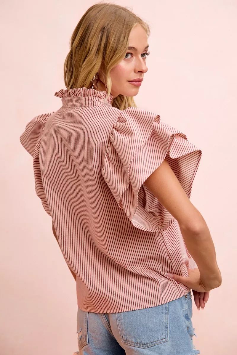 BiBi Twill Striped Ruffle Sleeve Blouse - Image 4