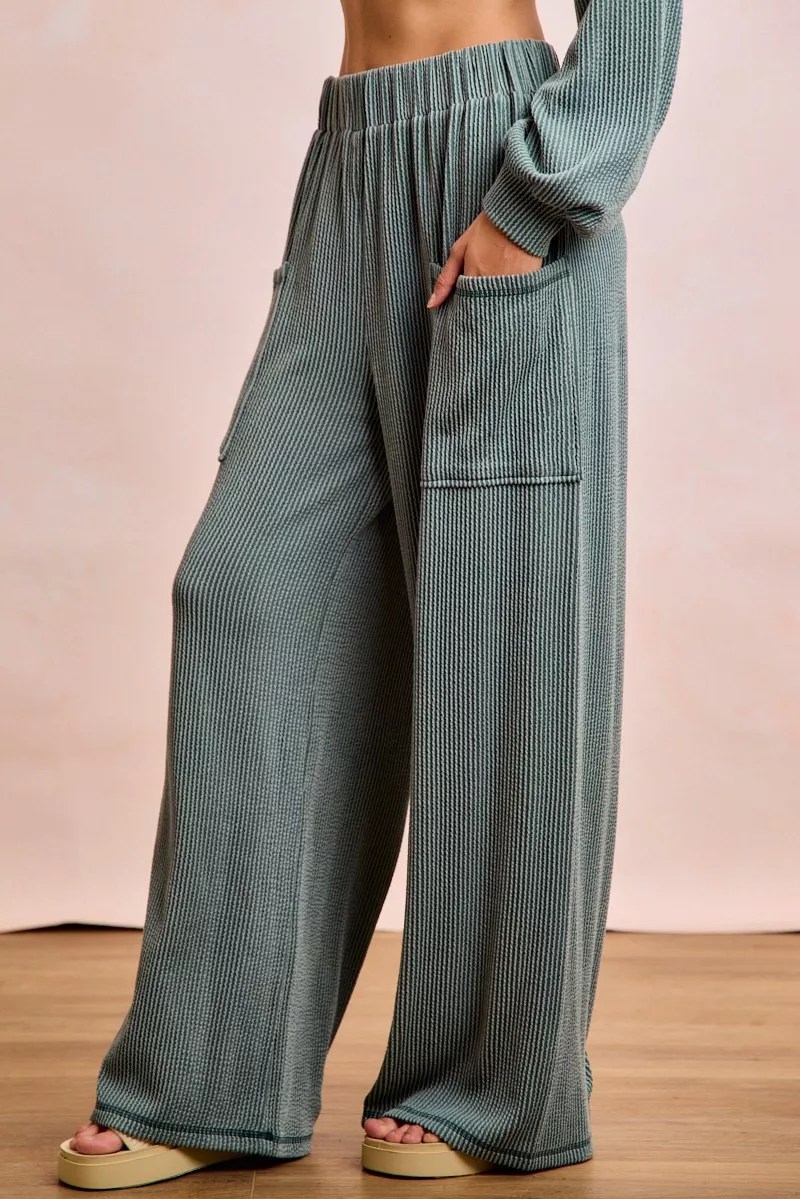 BiBi Two Tone Cord Rib Contrast Stitching V-Neck Top and Pants Set - Image 15
