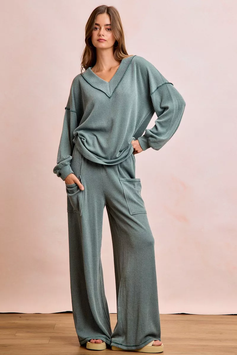 BiBi Two Tone Cord Rib Contrast Stitching V-Neck Top and Pants Set - Image 3
