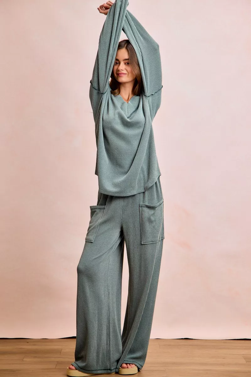 BiBi Two Tone Cord Rib Contrast Stitching V-Neck Top and Pants Set - Image 6