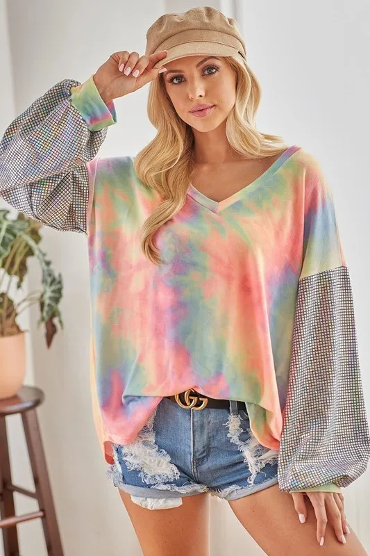 BiBi V Neck Tie Dye French Terry Top with Shiny - Image 3