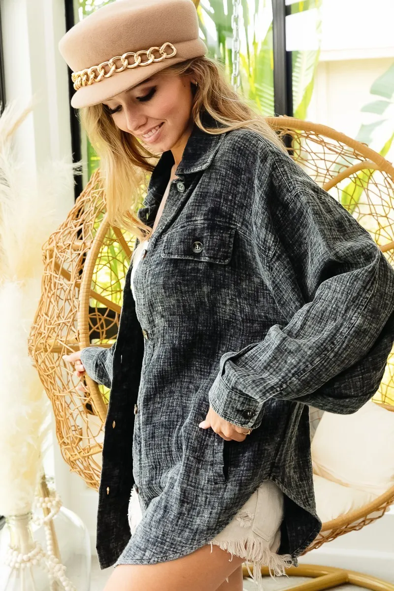BiBi Vintage Washed Wrinkle Gauze Shacket - Image 2