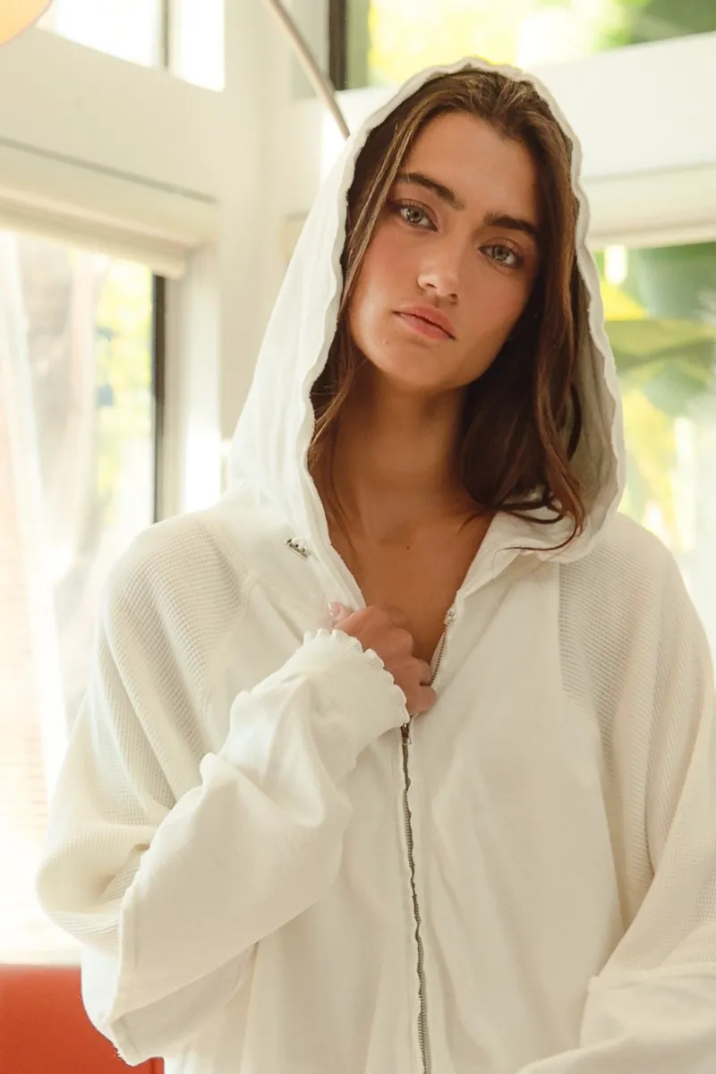 BiBi Waffle Thermal And Terry Mix Washed Zip Up Hoodie - Image 3
