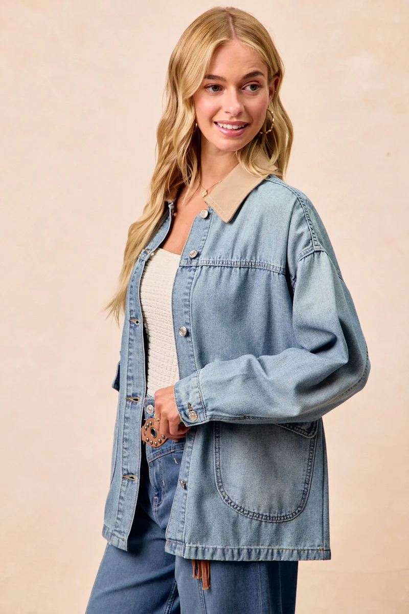 BiBi Washed Denim Jacket with Contrast Collar Detail - Image 13