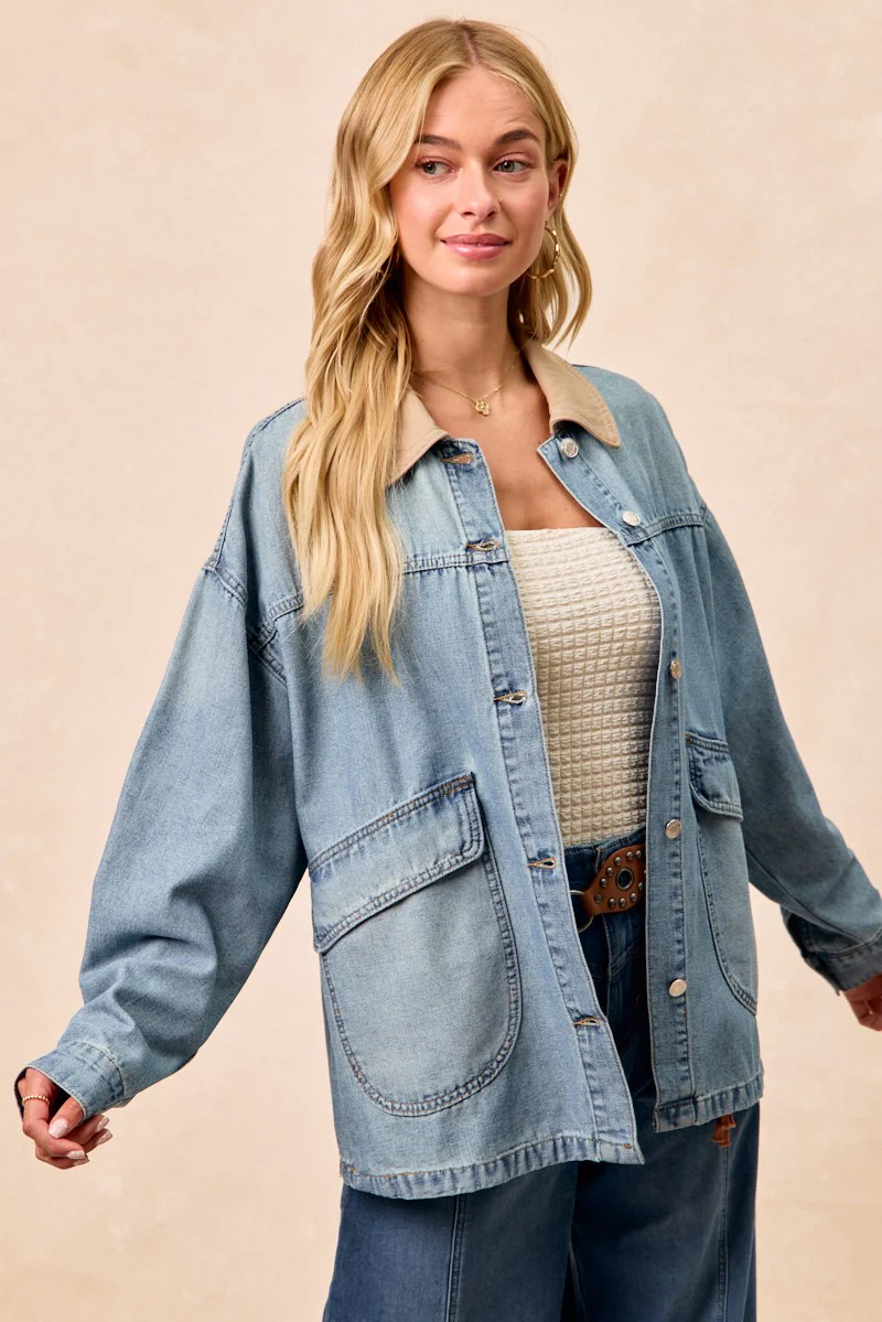 BiBi Washed Denim Jacket with Contrast Collar Detail - Image 16