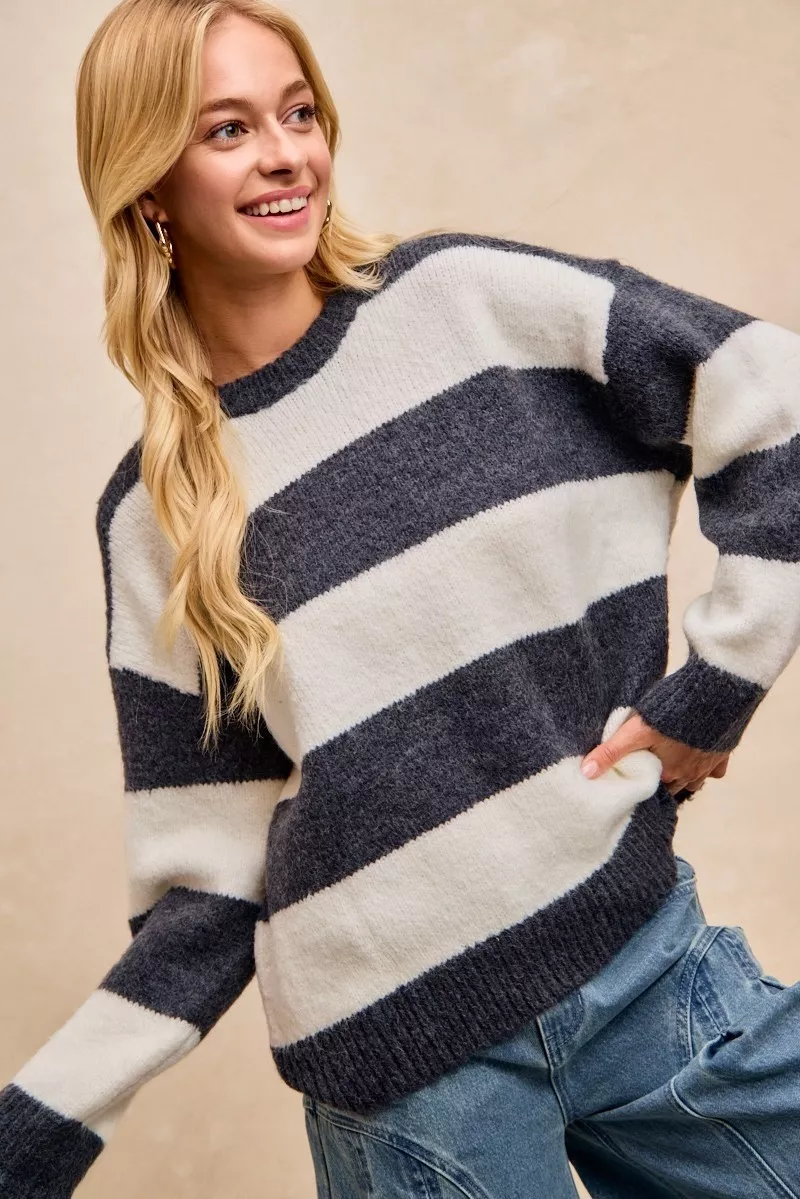BiBi Wide Stripe Fuzzy Knit Round Neck Sweater - Image 3