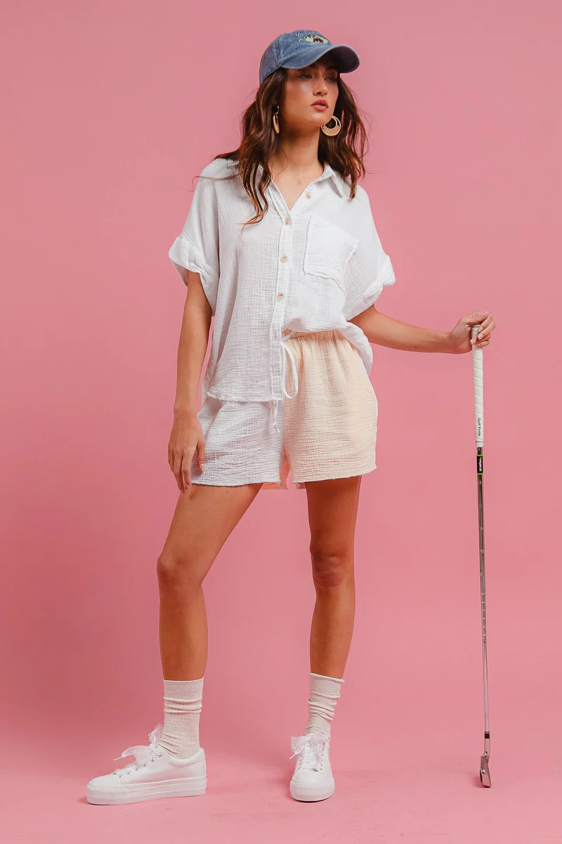 BiBi Wrinkled Gauze Solid Shirts Top and Shorts Set - Image 6