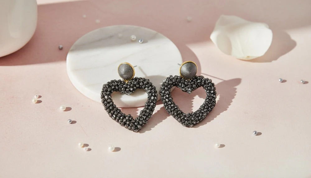 Black Crystal Heart Earrings