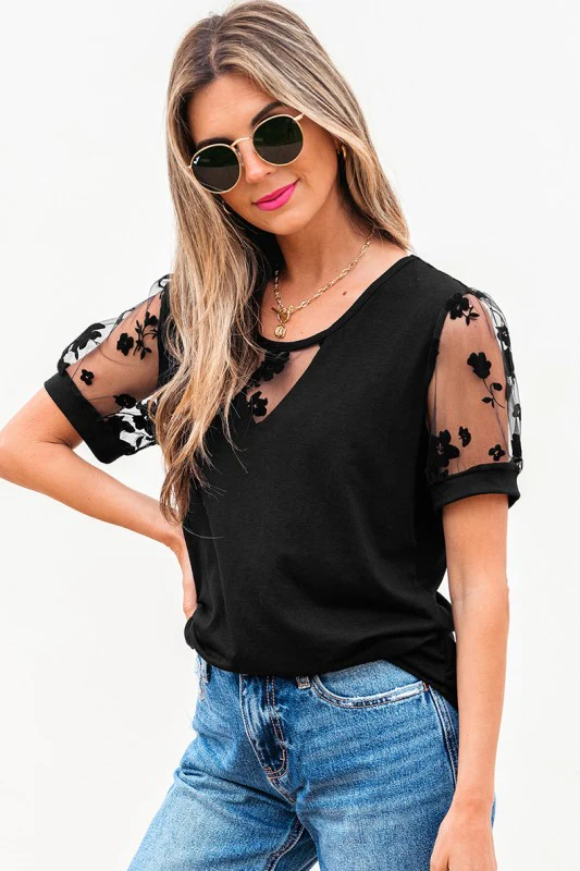 Black Flora Lace Patchwork Crew Neck T Shirt - Image 7