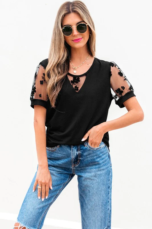 Black Flora Lace Patchwork Crew Neck T Shirt - Image 8