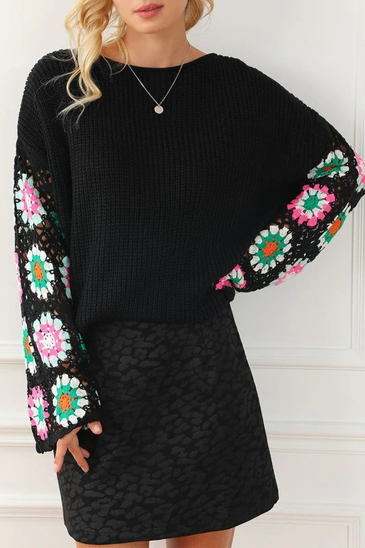 Black Floral Crochet Bell Sleeve Loose Sweater - Image 6