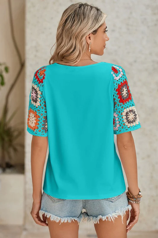 Black Floral Hollowed Crochet Sleeve Boho T Shirt - Image 18