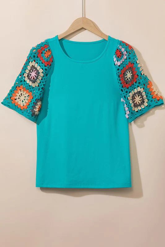 Black Floral Hollowed Crochet Sleeve Boho T Shirt - Image 23