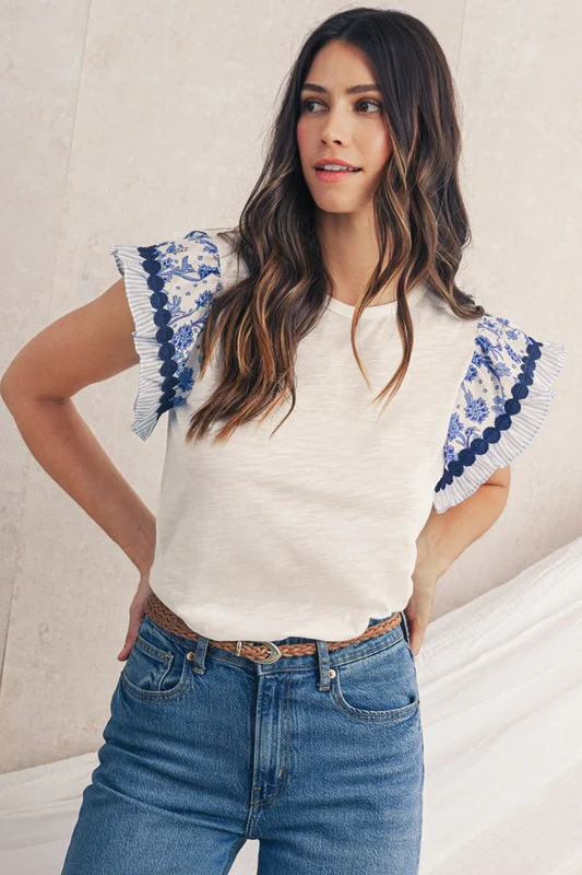 Black Floral Striped Patchwork Flutter Sleeve Blou - Image 14