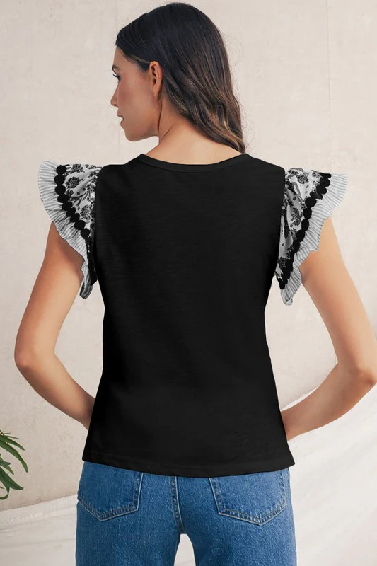 Black Floral Striped Patchwork Flutter Sleeve Blou - Image 2