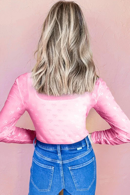 Black Mesh Bow Pattern Long Sleeve Top - Image 7