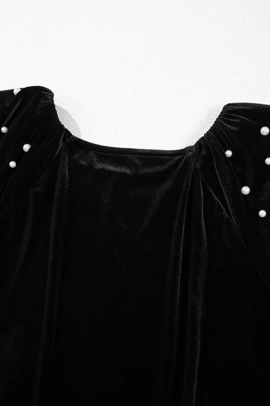 Black Pearl Beaded Half Sleeve Velvet Top - Image 5