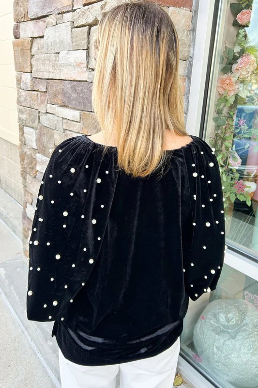 Black Pearl Beaded Half Sleeve Velvet Top - Image 9