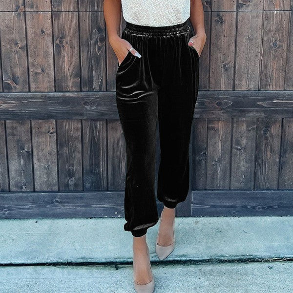 Black Solid Velvet Jogger Pants - Image 5