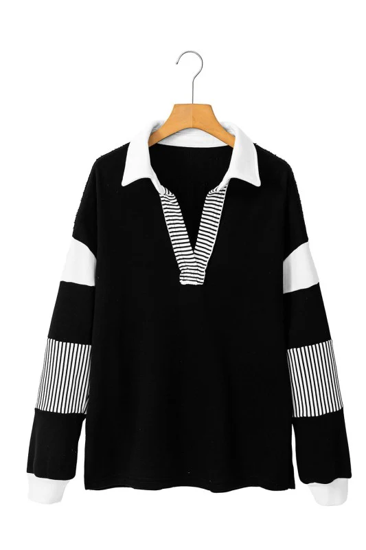 Black Striped Patchwork Collar Sweatshirt - Image 11