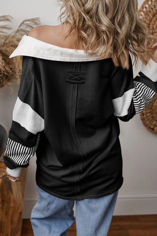 Black Striped Patchwork Collar Sweatshirt - Image 3