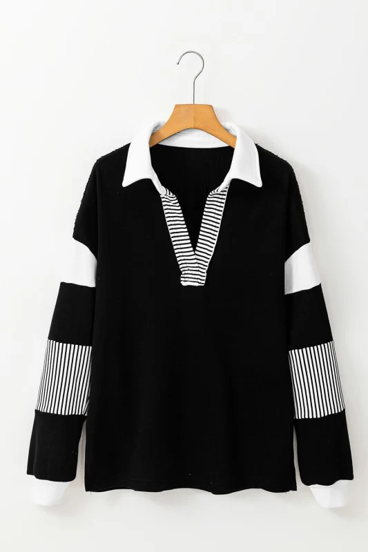 Black Striped Patchwork Collar Sweatshirt - Image 4