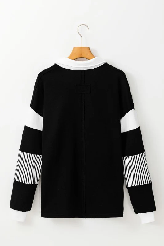 Black Striped Patchwork Collar Sweatshirt - Image 5