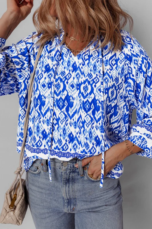 Blue Boho Printed 3/4 Sleeve Tied Neck Blouse - Image 4