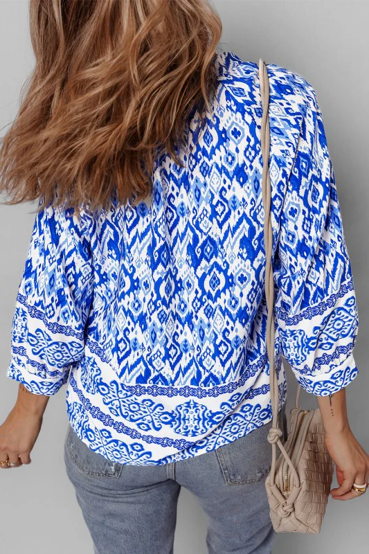 Blue Boho Printed 3/4 Sleeve Tied Neck Blouse - Image 5