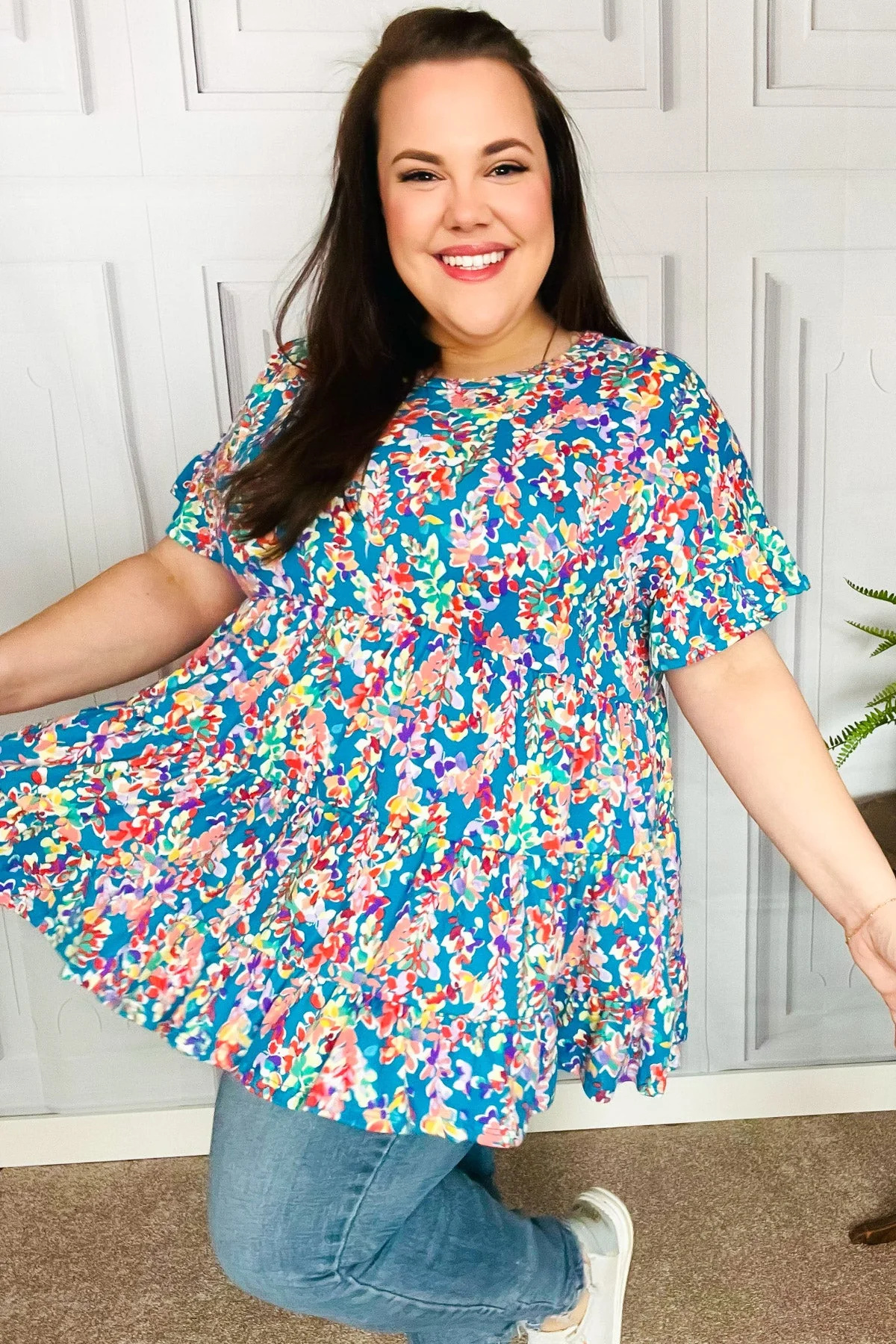 Looking Your Way Blue Floral Ruffle Hem Tiered Top - Image 13