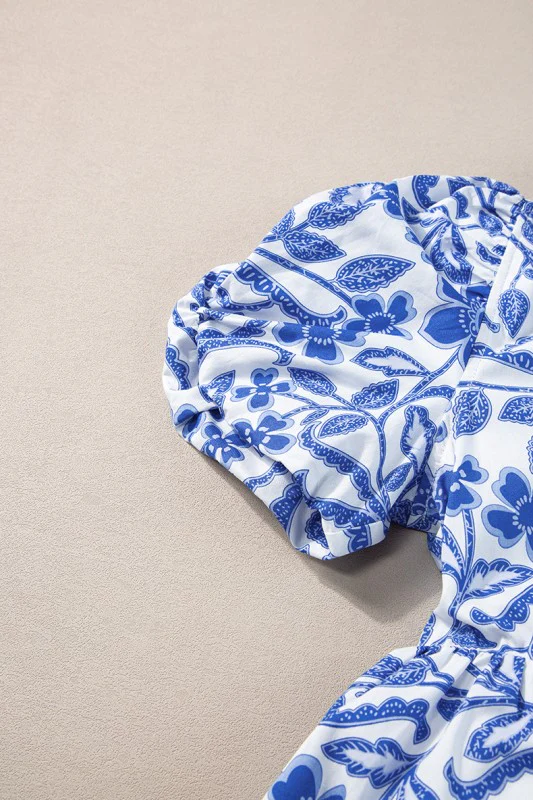 Blue Flower Print Puff Sleeve Tiered Dress - Image 4