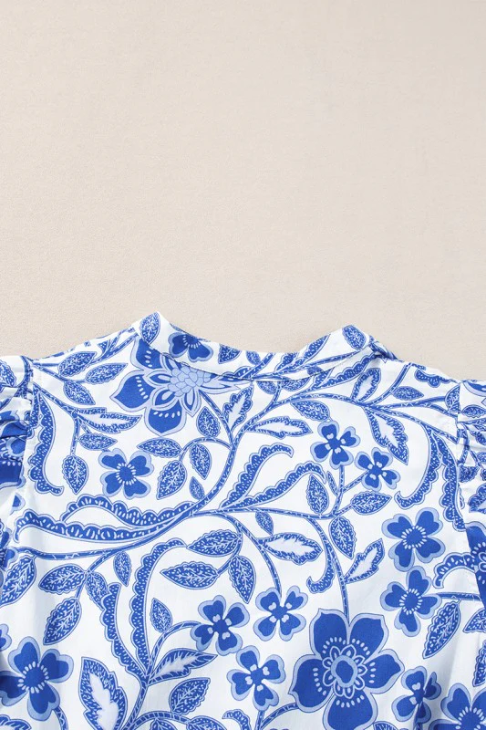 Blue Flower Print Puff Sleeve Tiered Dress - Image 5