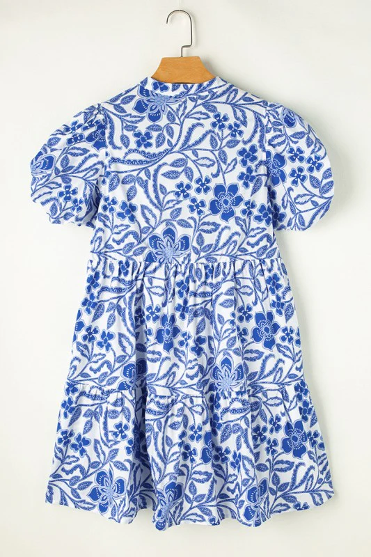 Blue Flower Print Puff Sleeve Tiered Dress - Image 7