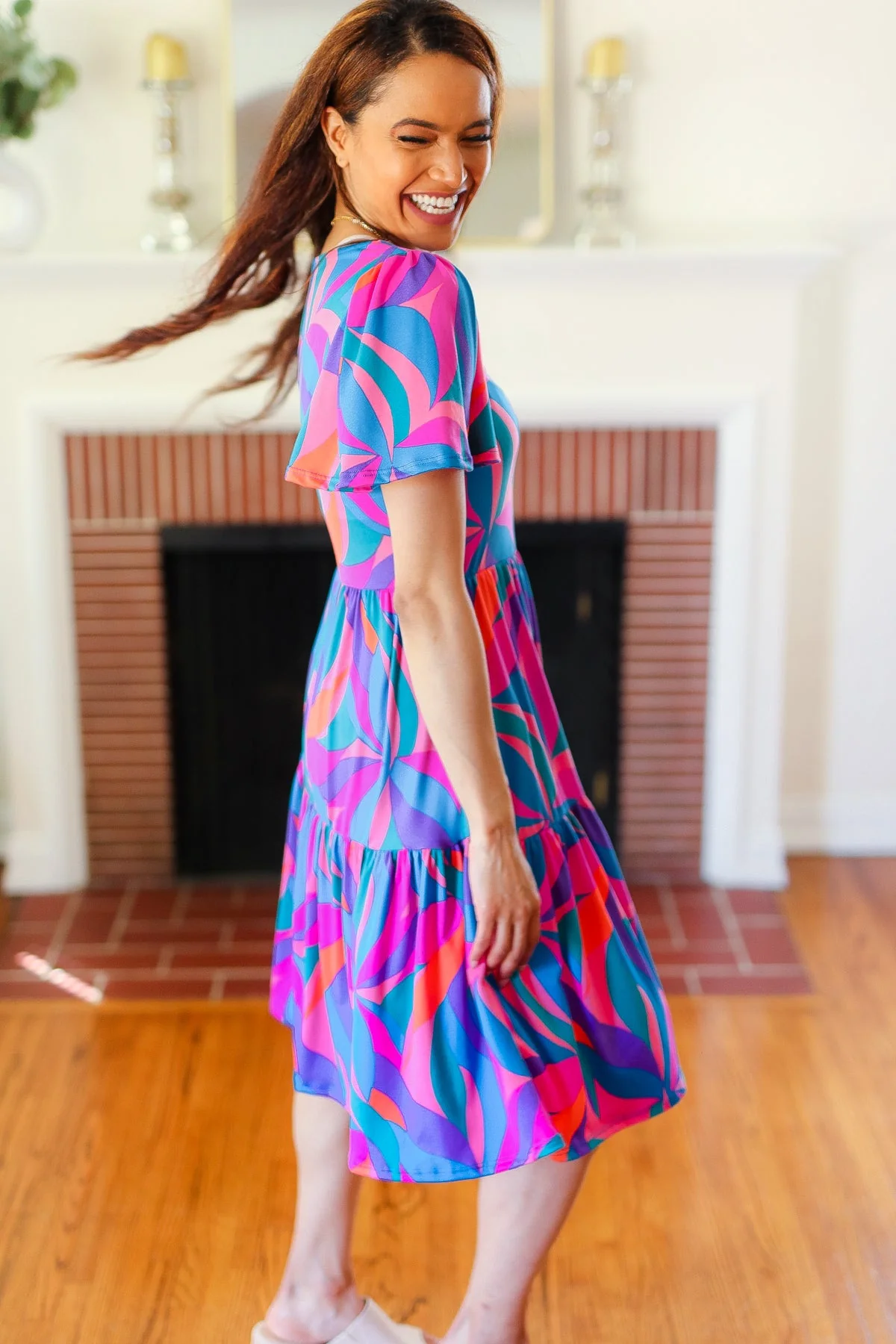 Remember Me Blue & Fuchsia Geo Print V Neck Dress - Image 13