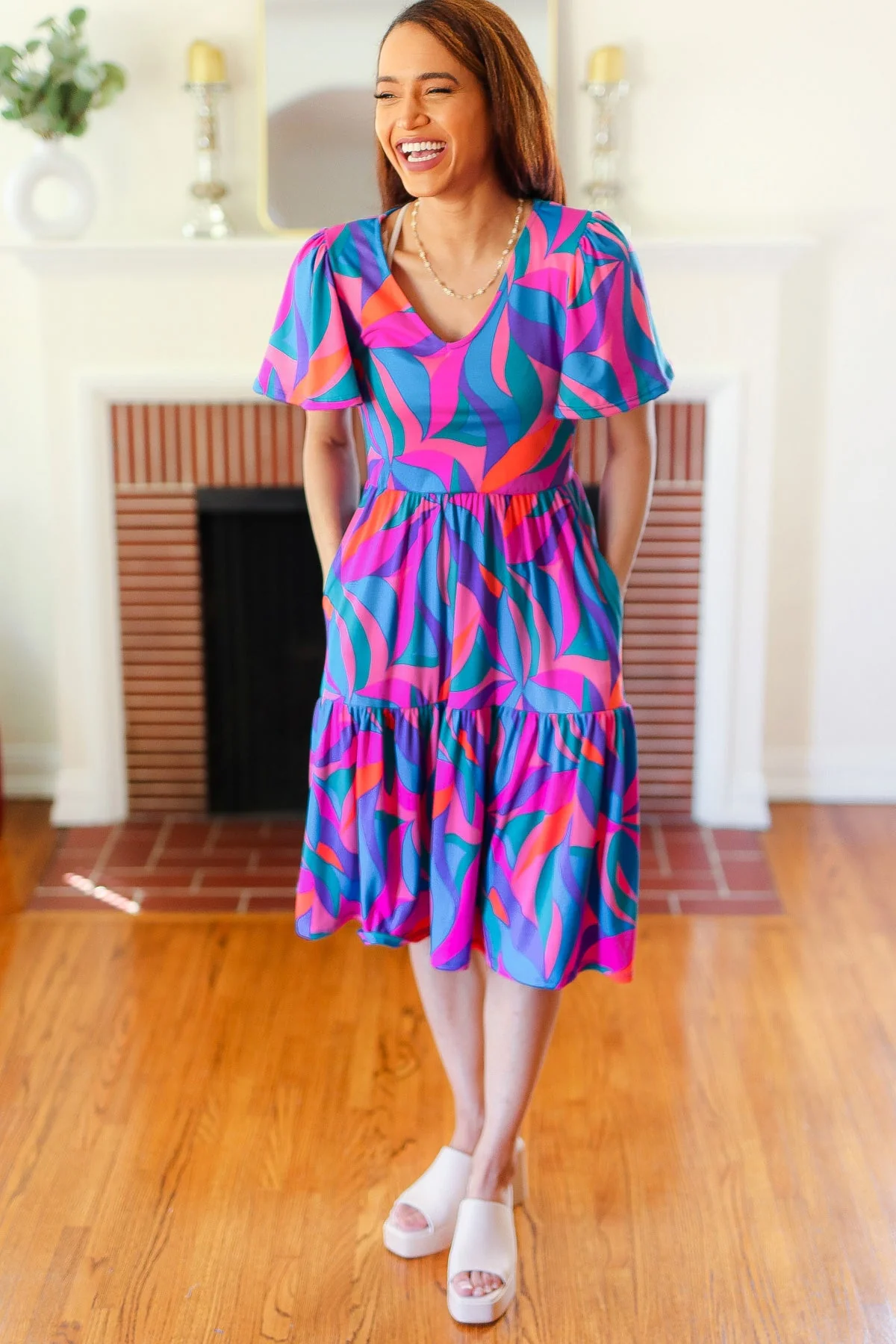 Remember Me Blue & Fuchsia Geo Print V Neck Dress - Image 6